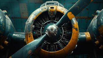 Detailed view of a classic warplane's radial engine and propeller with a retro aesthetic photo