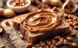Closeup shot of rich, smooth peanut butter on a slice of whole wheat bread, surrounded by peanuts photo