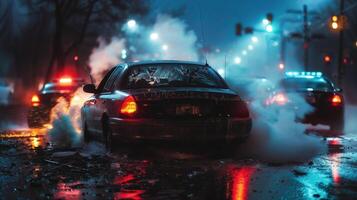 lluvioso noche coche Descompostura con emergencia luces foto