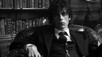 Black and white photo of a young man in a suit sitting in a classic library setting