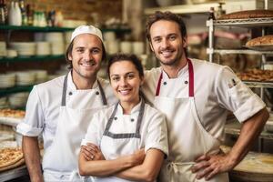 Smiling chefs team in bakery photo