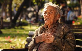Senior gentleman looks distressed, clutching his chest on a sunlit park bench, possibly experiencing chest pain photo