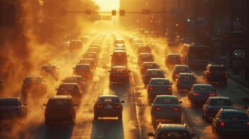 Sunset traffic jam on city street photo