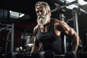 Senior man showcasing strength at gym photo