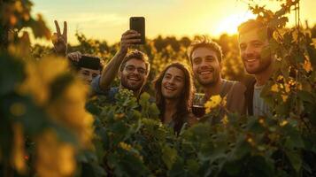 Joyful group of friends capturing a selfie in a vineyard at golden hour, with wine glasses photo