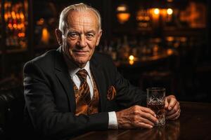 Sophisticated senior man enjoying whiskey in bar photo