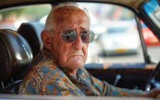 Senior man with sunglasses driving a classic car, showcasing independence in old age photo