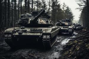 Convoy of camouflaged military tanks advances through a misty forest, showcasing military might photo