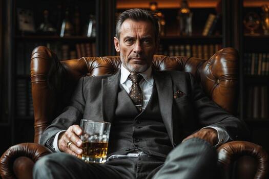 Distinguished gentleman relaxing with whiskey photo