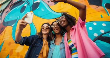 Friends taking selfie with colorful mural backdrop photo
