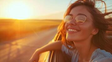 Joyful woman enjoying sunset on a road trip photo