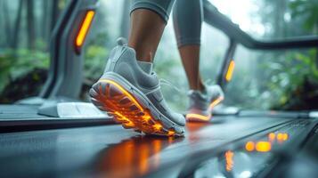 close up woman legs sportswear and running shoes is walking on a inclined treadmill at the speed at fitness. AI-Generated photo
