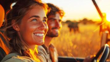 Caucasian couple love is relaxing and smiling in car with destination travel adventure for road trip in sunset and wildlife of animals in zoo of safari in Africa. AI-Generated photo