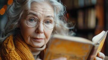 Caucasian elderly senior woman retired is reading a book in library for elderly society. AI-Generated photo