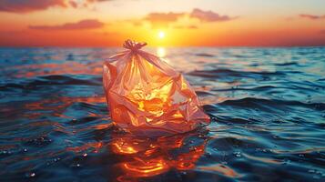 Plastic garbage bags floating in rivers and oceans Create pollution that destroys the environment of the world and the sea. International Plastic Bag Free Day. AI-Generated photo