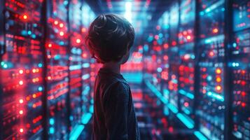 Caucasian Cute little boy kid is learning about science machine and cyber space in learning futuristic technology center. Education concept. AI-Generated photo
