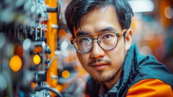 Asian Chinese engineer male is working with machine and mechanical for EV battery cells module in a electric vehicle factory and industry. AI-Generated photo