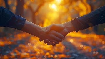 Close up mans are holding hands to create friendship and unity with natural sunlight and environment. International day of friendship. AI-Generated photo