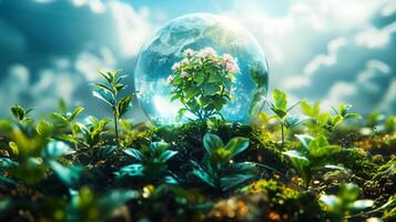 Clear bubble glass globe and tree sapling It represents the conservation of natural resources and the environment. World ozone day. AI-Generated photo