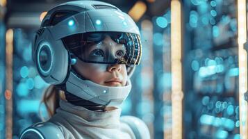 Cute little boy kid in robot suit and pilot suit is learning about science and cyber space in learning futuristic technology center. Education concept. AI-Generated photo