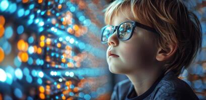 Caucasian Cute little boy kid is learning about science machine and cyber space in learning futuristic technology center. Education concept. AI-Generated photo