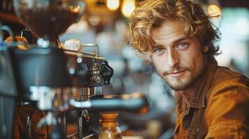Handsome Caucasian barista young man with apron smiling and working in coffee shop and preparing coffee in cafe. AI-Generated photo