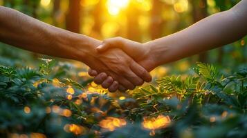 Close up mans are holding hands to create friendship and unity with natural sunlight and environment. International day of friendship. AI-Generated photo