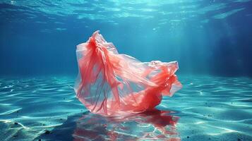 Plastic garbage bags floating in rivers and oceans Create pollution that destroys the environment of the world and the sea. International Plastic Bag Free Day. AI-Generated photo