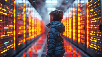 Caucasian Cute little boy kid is learning about science machine and cyber space in learning futuristic technology center. Education concept. AI-Generated photo