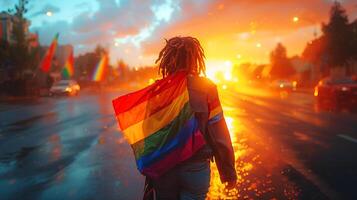 A man in sunlight with vibrant colors sparkling light glitter effect of rainbow flag on the street for celebrate pride month of LGBT community. AI-Generated photo