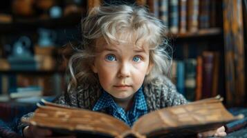 Caucasian elderly senior woman retired is reading a book in library for elderly society. AI-Generated photo