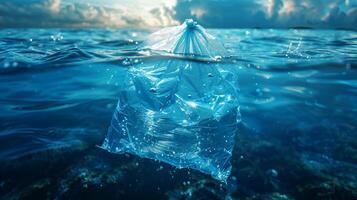 Plastic garbage bags floating in rivers and oceans Create pollution that destroys the environment of the world and the sea. International Plastic Bag Free Day. AI-Generated photo