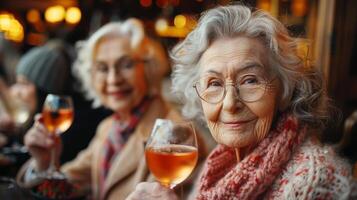 Caucasian Friends group of mature old women happy to pass time party and drinking a cup of wine with friendship together. AI-Generated photo