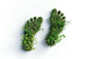 Top view two human footprints with grass and wildflowers texture, isolated on white background. ecology concept, care for the environment, nature, spring and summer photo