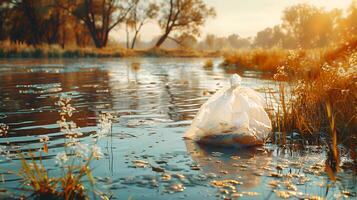 Plastic garbage bags floating in rivers and oceans Create pollution that destroys the environment of the world and the sea. International Plastic Bag Free Day. AI-Generated photo