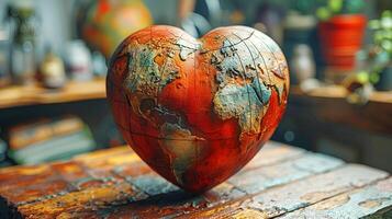 World map on red heart model for travelers who are passionate about traveling and conservation of natural resources and the environment. AI-Generated photo