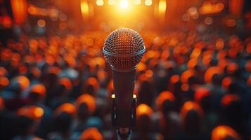 Close-up of a microphone and a blurry background of a crowd of concertgoers or a political speech to people in front of the stage. AI-generated photo
