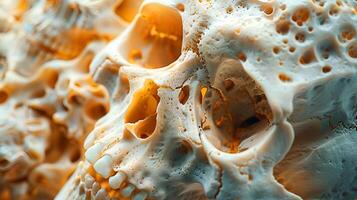 close up skull and bones exploring anatomy for scientist using advanced technology in osteoporosis. AI-generated photo