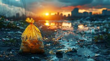 Plastic garbage bags floating in rivers and oceans is pollution that destroys the environment of the world and the citu. International Plastic Bag Free Day. AI-Generated photo