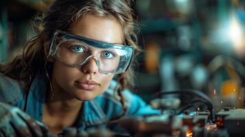Industrial engineer Caucasian woman in uniform works as a welder in workshop operating welding machine in factory. AI-generated photo