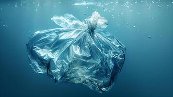 Plastic garbage bags floating in rivers and oceans Create pollution that destroys the environment of the world and the sea. International Plastic Bag Free Day. AI-Generated photo