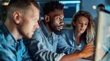Focused Team of Tech Professionals Reviewing Code on Computer Screen, cybersecurity, experts providing training photo