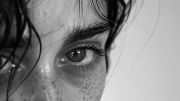 Black and white close-up of a watery eye with wet lashes, a tear poised to fall, amidst reflections of light photo