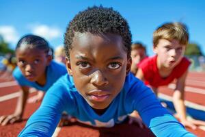 Young Athletes Poised at the Starting Line of a Track Race, Anticipation and Determination in Their Eyes photo