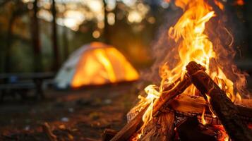 Crackling Campfire with Tent Aglow in the Fading Light of a Forest Campsite photo