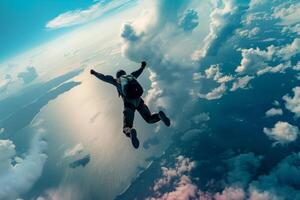 Soaring Skydiver Embraces the Adrenaline Rush Amidst Fluffy Clouds and Expansive Blue Sky at High Altitude photo
