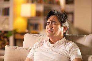 Japanese man at home having a headache photo