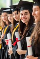 Young German college graduates holding their diplomas with graduation cap while standing in a row and smiling photo