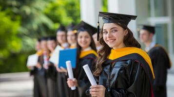 Young Russian college graduates holding their diplomas with graduation cap while standing in a row and smiling photo