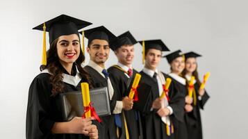 Young American college graduates holding their diplomas with graduation cap while standing in a row and smiling photo